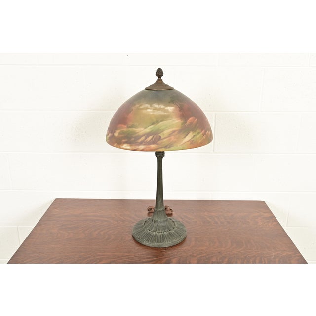 Art Deco Antique Arts & Crafts Table Lamp With Painted Glass Landscape Scene Shade, Circa 1920s For Sale - Image 3 of 16