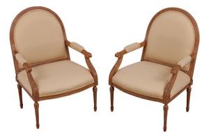 Pair French Louis XVI Fauteuil Open Armchairs