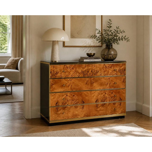 Unique 1970s vintage chest of drawers, entirely made of briar root, black glass, and brass details and handles. Four...