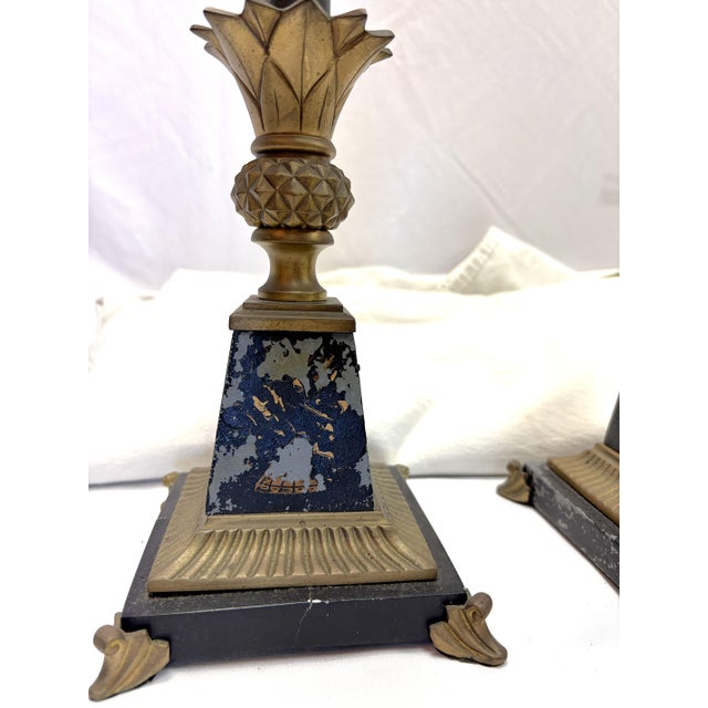 Vintage French Tole and Brass Candlestick Lamps With Pineapple Motif- A Pair For Sale In West Palm - Image 6 of 18