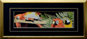 1990s Scarlett Macaw Parrots and Ferns Watercolor, Large-Scale Horizontal Panorama