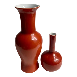 1980s Mann Red Orange "Les Vases" Pottery Vases - Set of 2