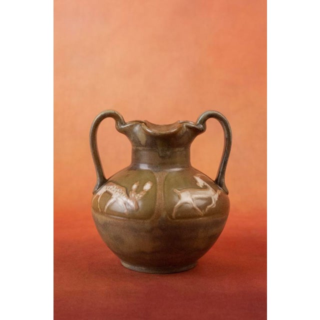 Art Nouveau Glazed Stoneware Vase with Handles and Stylized Deer in Reserve by Louis Lourioux, Foëcy, France 1910s For Sale - Image 6 of 12