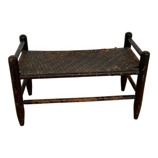 Antique Primitive Wooden Black Small Bench Seat Woven Top For Sale