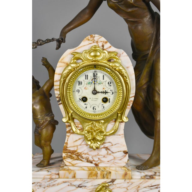 Large French Art Nouveau Mantel Clock and Trim, Set of 3 For Sale - Image 5 of 18