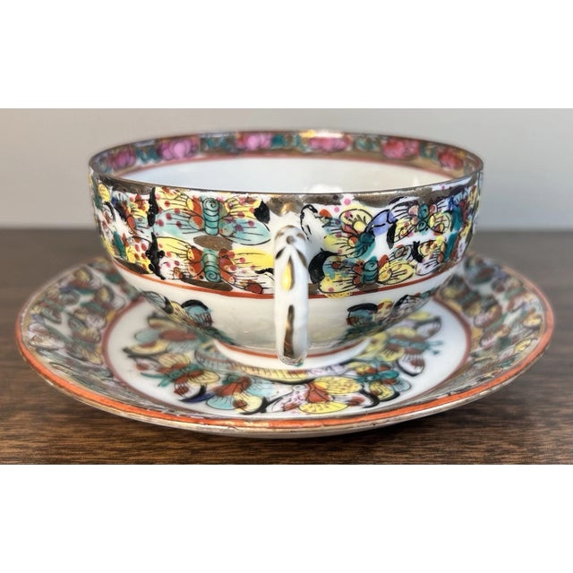 Vintage 1970’s Chinese Export Porcelain Thousand Butterflies Teacup and Saucer For Sale - Image 4 of 8