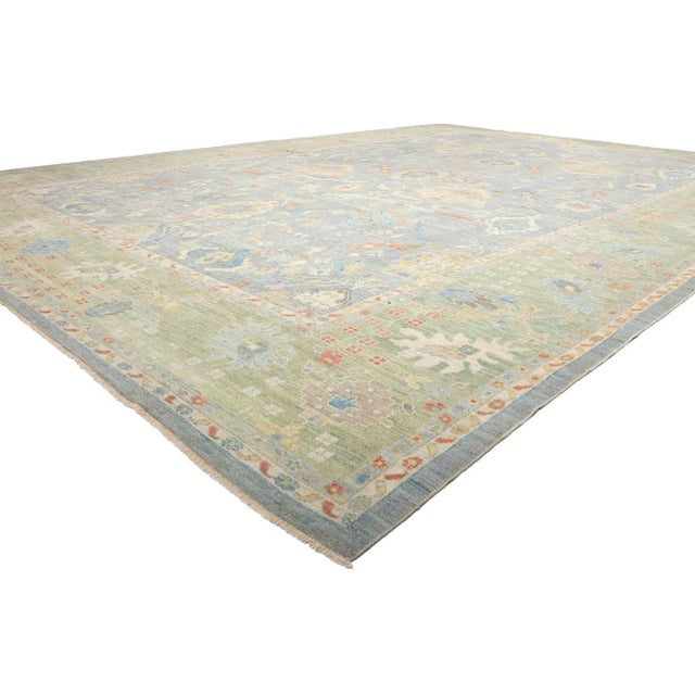 61281 Modern Light Blue Persian Sultanabad Rug, 16'03 x 22'07. Originating from Iran's Sultanabad region, Persian...