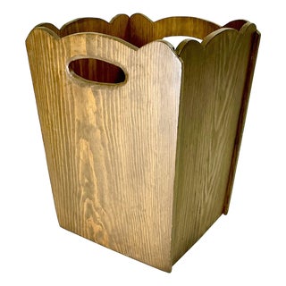 1970s Vintage Folk Art Boho Chic Walnut Wood Wastebasket For Sale