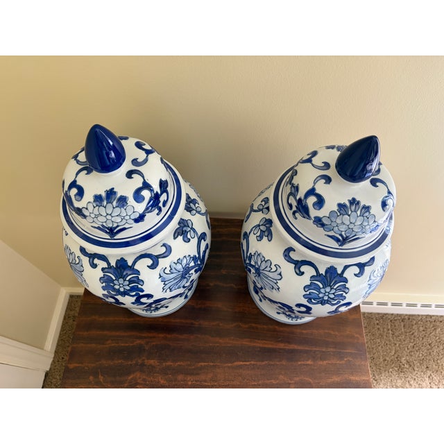 Late 20th Century Chinoiserie Large Blue and White Porcelain Ginger Jars, Pair For Sale - Image 5 of 8