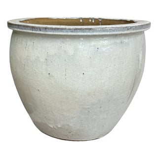 White Glazed Round Ceramic Planter with Wide Opening For Sale