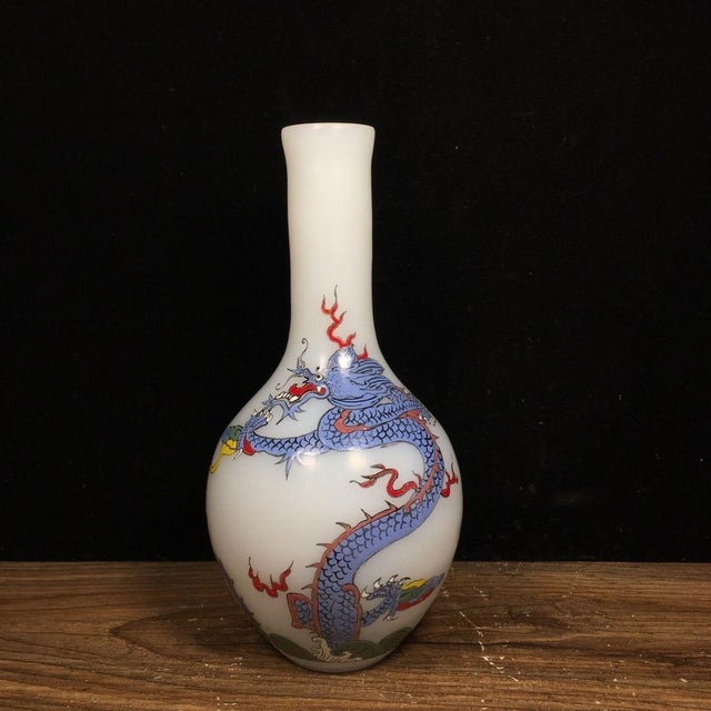 Gemstone Vintage Painted White Glass Vase With Double Dragon Chasing Pearl Motif For Sale - Image 7 of 9