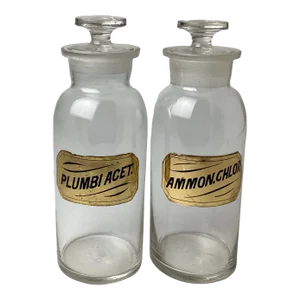Antique Early 20th Century Glass Apothecary Jars Plumi Acet. & Ammon. Chlor- Set of 2