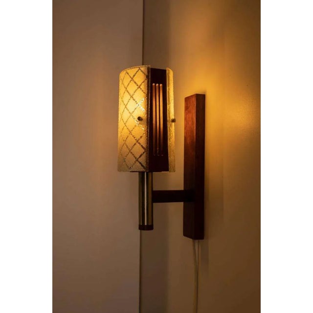 Vintage Bohemian Wall Lamp in Milk Glass and Teak Wood For Sale - Image 4 of 12