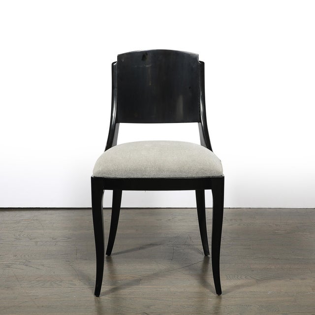 Art Deco Set of Six Art Deco Sculptural Dining Chairs in Ebonized Walnut & Taupe Mohair For Sale - Image 3 of 18