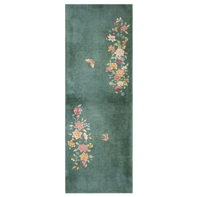 1920s 1920s Small Wool Pile Green Open Field Antique Floral Chinese Deco Throw Rug For Sale - Image 5 of 8