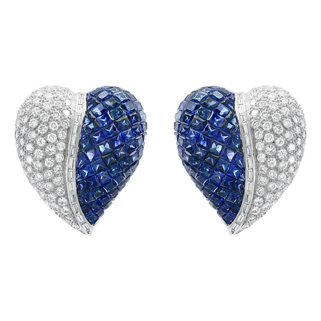 Invisible Mystery Set Sapphire and Diamond Cocktail Earring 18 Karat Gold For Sale