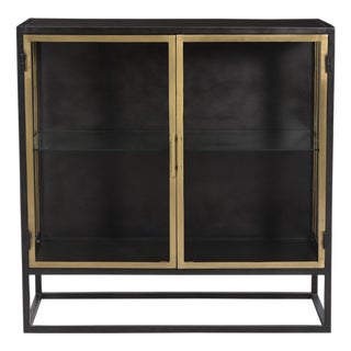 Black Iron & Brass Glass Side Cabinet For Sale