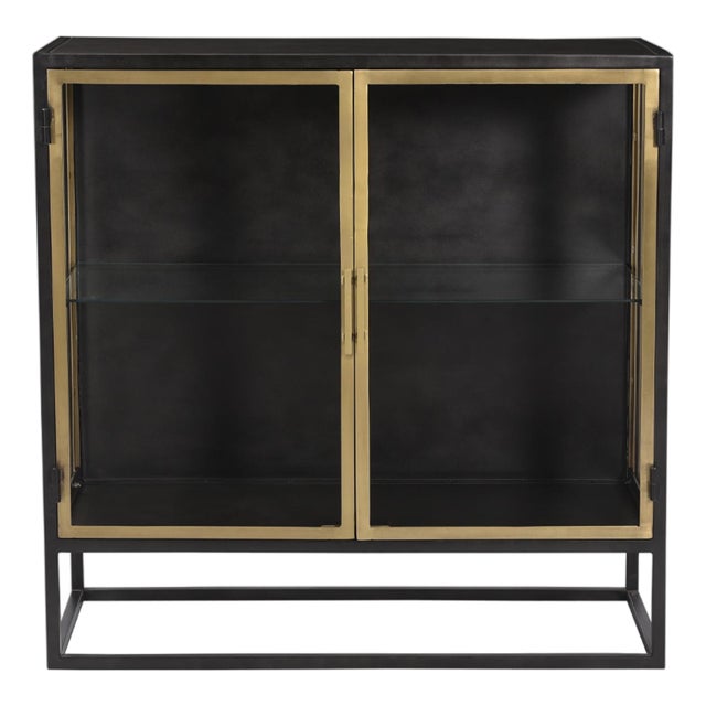 Black Iron & Brass Glass Side Cabinet For Sale