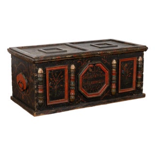 Original Painted Hungarian Flat-Top Trunk, Dated 1890 For Sale