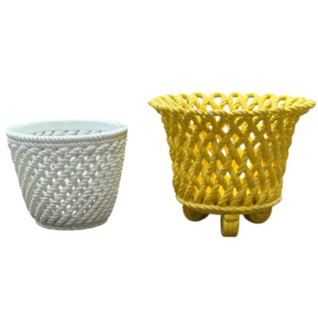 Mid 20th Century Vintage Ceramic Woven Cachepots Yellow & White For Sale - Image 5 of 7