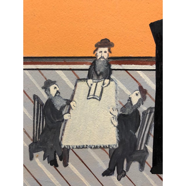 Mid 20th Century Natan Heber, Israeli Judaica Shtetl "The Lesson" Rabbi Studying Scene Naive Art Oil Painting For Sale - Image 5 of 7