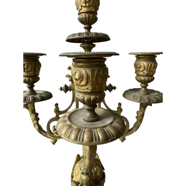 1940s Brass Candelabra Pair With Five Arm Design in Rococo Style For Sale - Image 11 of 12