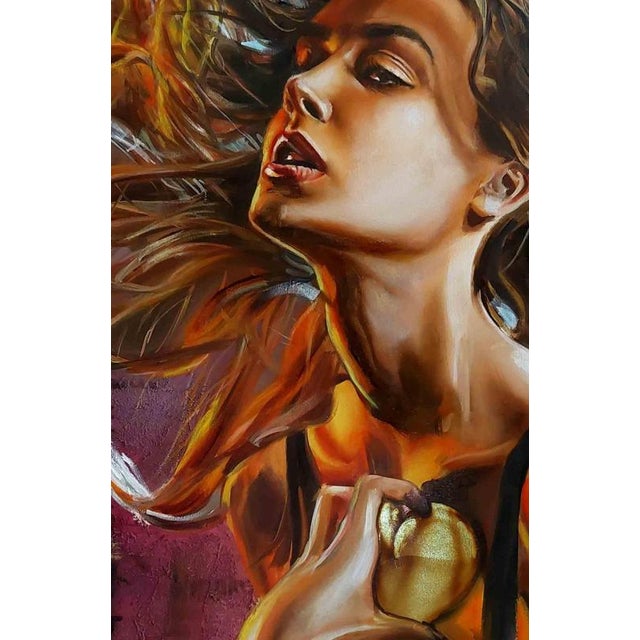 "Sudden Blast" is an oil on canvas portrait painting with gold leaf and acrylic paste, cm 90x90. The girl in the portrait...