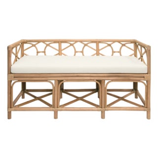 Matthew Izzo Home Ferguson Natural Rattan Bench With Ivory Performance Linen Seat Cushion For Sale