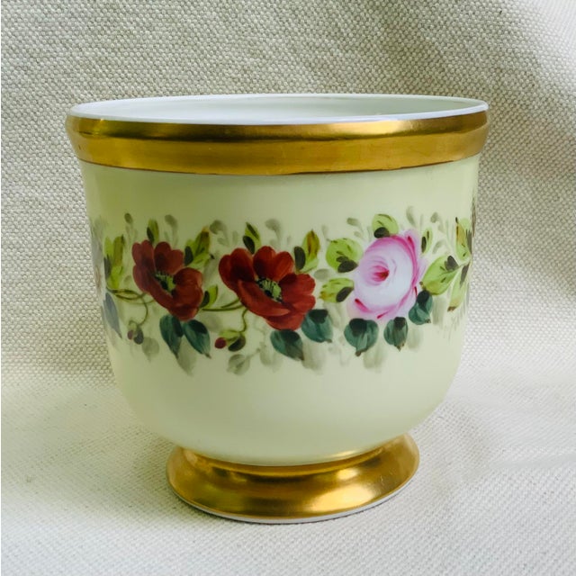 Vintage Hand-Painted Porcelain Cachepots, Floral With Gilt Rim - A Pair For Sale - Image 14 of 18