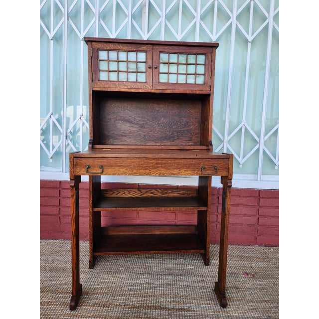 Antique Mission Style Wood Secretary Desk Hutch Stained Glass For Sale - Image 12 of 12