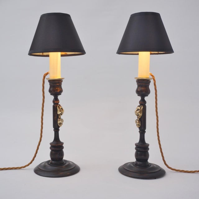 1920's English Candlestick Lamps Cheshire Cat Lewis Carroll Alice`s Adventures in Wonderland Brass & Oak by Rayswi Harrogate - A Pair, Rewired For Sale - Image 12 of 14