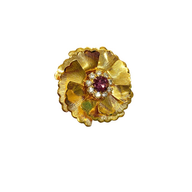 Metal Vintage Elegant Gold Tone With Faux Ruby and Diamond Pin /Brooch For Sale - Image 7 of 7