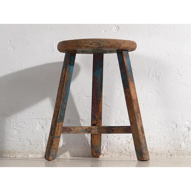 Antique stool with sky blue patina (c.1900) Dimensions: Diameter: 33 cm Height: 50 cm Style: Primitive Materials and...