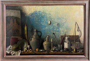 Vintage Still Life With Hanging Egg Oil Painting by Robert Knaus, Framed