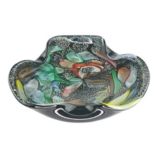 Mid 20th Century Avem Tutti Frutti Dino Martins Black Aventurine Murano Glass Bowl For Sale