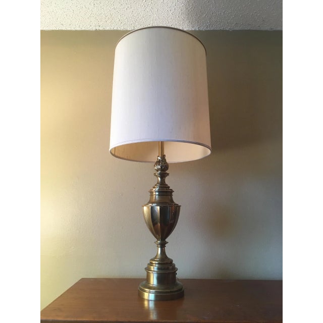 Regency tall 12-sided solid brass urn trophy lamp, with large barrel shade, discovered in factory plastic, signed...