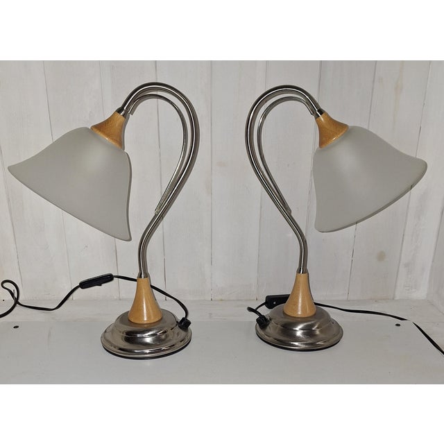 Vintage Table Lamps in Metal Frame with Beechwood and White Glass Shade, 1990s, Set of 2 For Sale - Image 4 of 7
