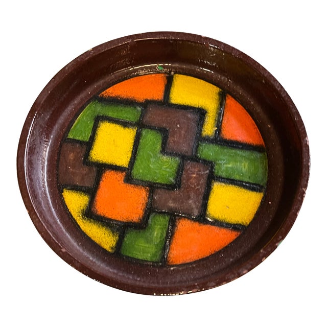 Vintage Wooden and Ceramic MCM Large Ashtray With Tile Design For Sale