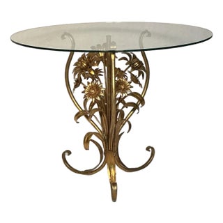 Italian Mid-Century Hollywood Regency Gild Metal Floral Design Side Table, 60s For Sale