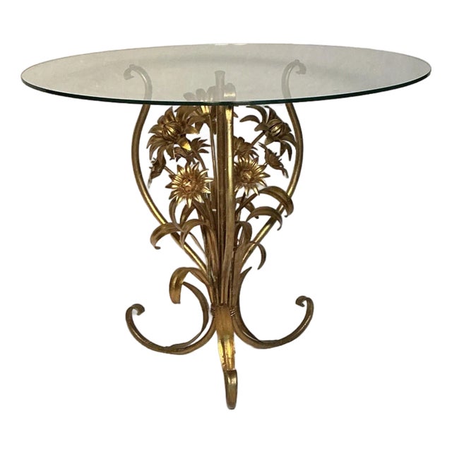 Italian Mid-Century Hollywood Regency Gild Metal Floral Design Side Table, 60s For Sale
