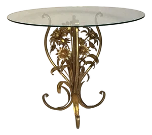 Italian Mid-Century Hollywood Regency Gild Metal Floral Design Side Table, 60s