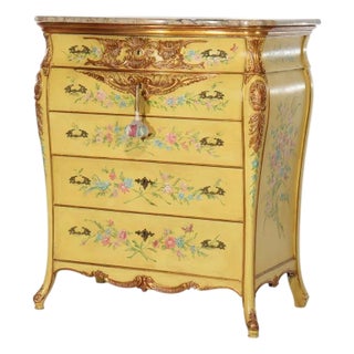 Venetian Hand Painted & Gilt Polychromed 5-Drawer Marble Top Dresser C1930 For Sale