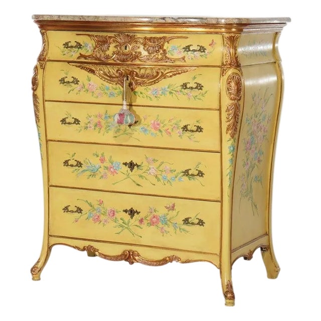 Venetian Hand Painted & Gilt Polychromed 5-Drawer Marble Top Dresser C1930 For Sale