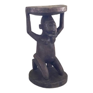Vtg African Dogon Carved Wood Stool W/ Ancestor Mali 19" H For Sale