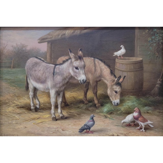 This charming oil on canvas painting, titled Two Donkeys and Pigeons in Farmyard, captures a serene moment of rural life...