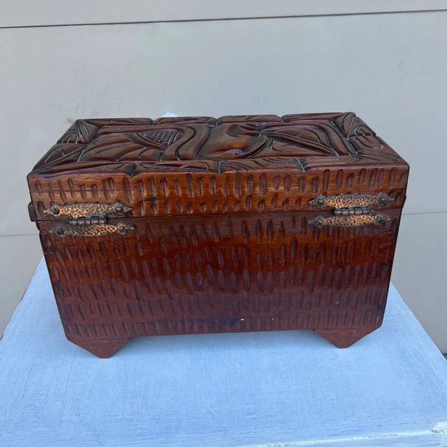 A Vintage Maya Themed Carved Mahogany Small Size Trunk, Honduras, Circa 1970's For Sale - Image 10 of 12