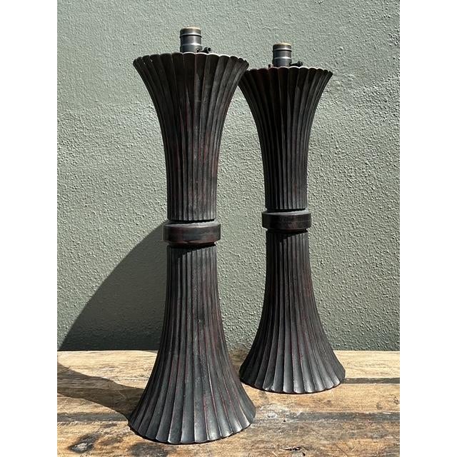 This sophisticated pair of vintage fluted metal table lamps offers a timeless architectural silhouette, blending Art Deco...