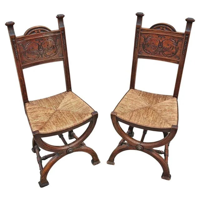 Neo-Renaissance Side Chairs in Oak with Rush Seats, 1890s, Set of 2 For Sale - Image 16 of 16