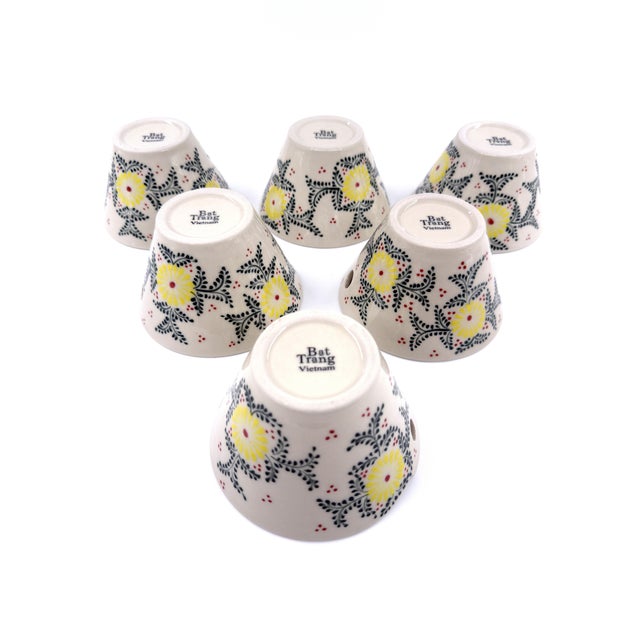 Hand-Painted Bat Trang Vietnamese Ceramic Bowls With Yellow Floral Motifs and Chopstick Rests - Set of 6 For Sale - Image 12 of 12