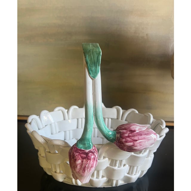 Ceramic hand painted basket with two tulips. Made in Italy by Vietri.